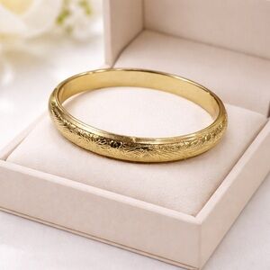 Vintage Gold-Tone Engraved Bangle Bracelet | Floral Etched | Costume Jewelry